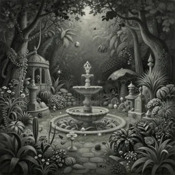 a gorgeous, fantastic, magic garden landscape by michael kidd, mc escher, trending on artstation, artgerm, oil on canvas, muted color tones, darker,!! low contrast!!