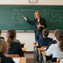 Johnny Rotten teaching math in front of a school class, lot of details.