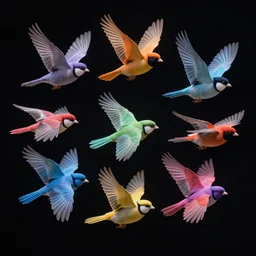 highly detailed photo of seven colored bird flying in the dark space, all birds head and eye are visible, hyper realistic, concept art, 8 k detail post - processing