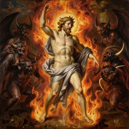 oil painting of saint sebastian engulfed in hellfire beset by demonic beasts painted by artemesia gentileschi ecorche