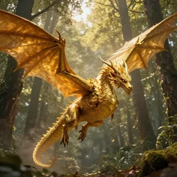 golden forest dragon, regal, flying, wings