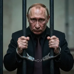 Vladimir Putin with handcuffs behind bars, ugly, smooggy, dirty, grotesque,