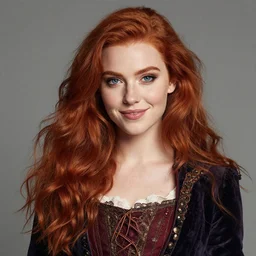 a portrait of a young woman with red hair, smart, rich, fancy clothes, artist, artistic, shallan davar, blue eyes, beautiful, smiling, thick hair, dnd, artgerm style