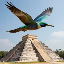 quetzalcoatl flying above a pyramid, very realistic, very detailed
