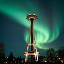 vivid and beautiful aroura northern lights above space needle, film long exposure fuji wide angle national geographic