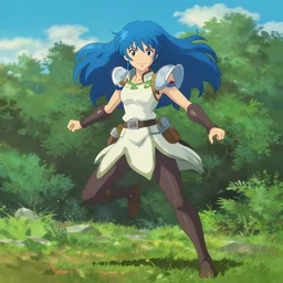 artgerm, loish, makoto shinkai, female warrior, fantasy setting, smile, symmetrical eyes, blue hair, symmetrical face, full body action pose