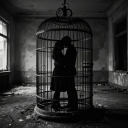 a dark photo of two shadowy figures hugging each other in a birdcage in an abandoned hall, paint is falling off, black and white, 5 0 mm