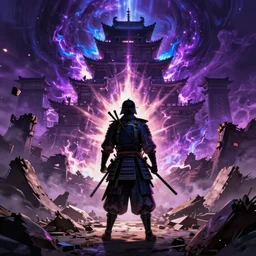 a still of a samurai standing in the ruins of crux prime, destroyed castle, purple and blue fiery maelstrom in the distance, digital art, artstationhq