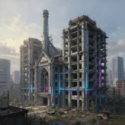 a beautiful ultradetailed painting of abandoned urbex architecture unfinished building industrial architecture synagogue building nature city by pierre de meuron, neon signs tundra bladerunner 2 0 4 9 laser morning sun nature tokyo, archdaily, wallpaper, highly detailed, trending on artstation.