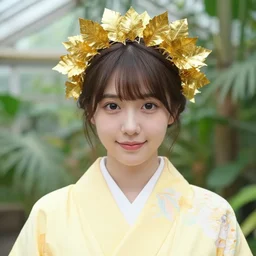 portrait photograph of an extremely beautiful!!!! young female, symmetric face!, symmetric round detailed eyes!!, slight smile, natural light, wearing a yellow kimono!! on her shoulder in a tropical greenhouse. looking at the camera!!. golden crown made of golden leaves. super resolution. extremely detailed. graflex camera!, bokeh!!!!! trending on artstation.
