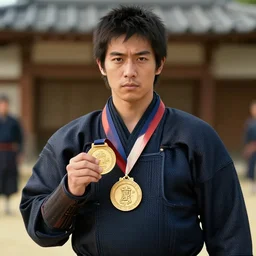a film still of Kurt angle with medal as samurai