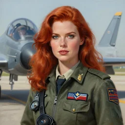 epic professional digital portrait art of attractive redhead woman airforce pilot, 4 5 mm lens, painting, facing front, by neal adams and joelle jones artstation, cgsociety, wlop, epic, much wow, much detail, gorgeous, detailed, cinematic, masterpiece