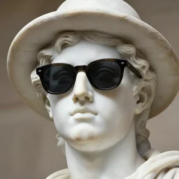 close up marble statue of fancy head wearing sunglasses and a hat