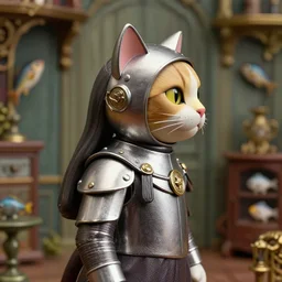 closeup profile portrait of a tin toy greta thunberg as a cat in armour, nicoletta ceccoli, mark ryden, lostfish, max fleischer, depth of field, detailed and intricate victorian environment, 8 k resolution, hyperrealistic, octane render