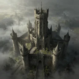 dark souls castle, krak de chevalier, epic scale, extremely high towers, vertiginous, aerial view, matte painting, dramatic lighting, fog, dark souls, fantasy, artstation