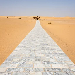 a marble road in the desert leads to a tiny house, 8 k photography, detailed