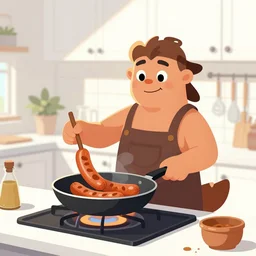 a murloc cooking sausages with a pan in a white kitchen, cartoon, illustration, rim light, detailed
