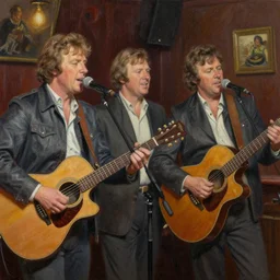 detailed realistic oil painting of the clancy brothers performing music in a pub