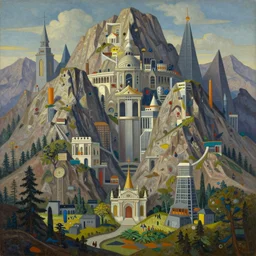 the wizards laboratory, grandiose and complex, mountains, by gerardo dottori and simon stalenhag, oil on canvas, trending on art station, masterpiece