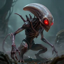 alien creature, red, eyes growing on creature, spindly ; high detailed artwork by greg rutkowski ; sci - fi, detailed, scary, dangerous ; trending on artstation!!