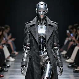 robot runway model, hyper detailed ultrasharp beautiful, mechanical robot face, wearing a long coat, high fashion, haute couture, dramatic lighting, octane render, 8 k