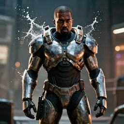 kanye west as a cyborg in gears of war, splash art, movie still, cinematic lighting, ray tracing, octane render, long lens, shallow depth of field, bokeh, anamorphic lens flare, 8 k, hyper detailed, 3 5 mm film grain