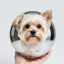 self portrait of a havanese dog reflecting into a chrome sphere held by a dog's paw, pen on paper, by mc escher