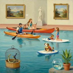 painting of a man in a kayak, a woman in a canoe, a boy on a raft, a girl on a surfboard, a cat in a life jacket, a dog in a floatation device, a snake in a basket, a bird in a cage, a fish in a bowl, a plant in a pot, a statue in a museum, a painting on a wall,