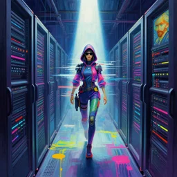 a vision of vast cyberspace, a distant female hacker glitching through a vulnerable server, wearing sunglasses, futuristic clothes, vibrant colors, rule of thirds, spotlight, drips of paint, expressive, passionate, by greg rutkowski, by jeremy mann, by francoise nielly, by van gogh, digital painting