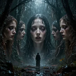 disasterpiece cult rain mesmerizing inner sanctum of the most disturbing and beautiful truth, in the style of Jeff Easley, Grant Wood, Ken Kelly, dramatic lighting, establishing shot, detailed and realistic faces – W 1024