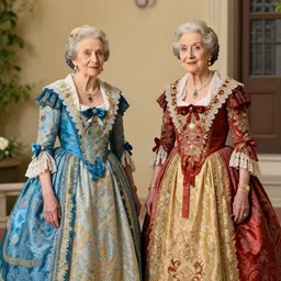 a photo of two old ladies wearing a majestical colorful dress