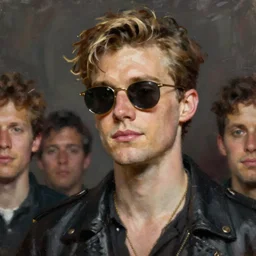 high quality character portrait oil painting of Sebastian Murphy, singer of Viagra Boys band wearing sunglasses by Rembrandt, middle close up shot