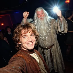 nightclub selfie of frodo and sam smiling, gandalf behind them dancing, bright flash, high saturation, wide - angle lens, tolkien