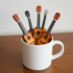 a coffee mug filled with miniature guitars