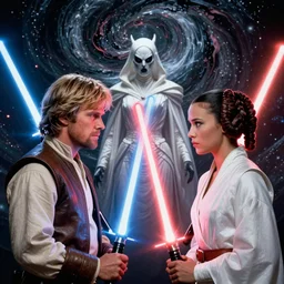 screenshot portrait of Luke Skywalker and Princess Leia, with the lightsabers ignited, facing off against an incredibly haunting female sith lord in white, on a planet of maelstrom, chaos, the world of darkness, 1970s thriller film by Stanley Kubrick, iconic scene, HR Geiger design, stunning cinematography, hyper-detailed, sharp, anamorphic lenses, kodak color stock, 4k, stunning