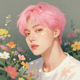 pink haired bts jimin, muted colors, colorful flowers, sunlight filtering through skin, illustrated by starember cfg _ scale 9