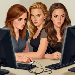 illustration a girl who is a mix of emma watson and scarlett johansson and nathalie portman, using a device to connect herself to a computer through an usb cable and a port in her arm, cables, it, very detailled, by david rutkowski and artgem