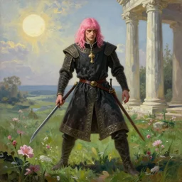 medieval noble male with pink hair and pink bang full body view, dramatic pose, blood on his face, photorealistic oil painting, sun in the sky, bloom, green grassy land and white marble columns in the background