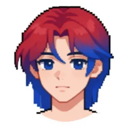 pixel art of an androgynous person with red and blue gradient hair, for an rpg game, trending on art station, award winning