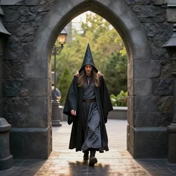 a wizard walking through a portal in public