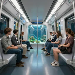 interior view of a futuristic subway car with aquarium floor, interior design, volumetric light, reflective floor, by kacper niepokolczycki and ward lindhout and bogna gawronska and alicja uzarowska and simon besombes. trending on artstation