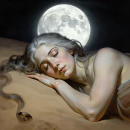 sleep of wise old beautiful woman face Desert Spirit, under unresolved evil moon illusion, in the style of Frank Frazetta, Jeff Easley, Caravaggio, extremely clear and coherent, clear lines, 8K resolution, epic masterpiece, detailed, intricate