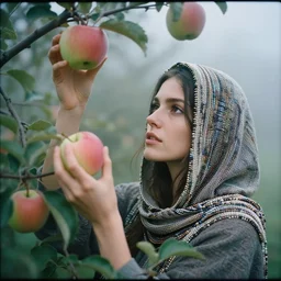a closeup portrait of a woman wearing a hood made of beads, picking apples from a tree, foggy, moody, photograph, by vincent desiderio, canon eos c 3 0 0, ƒ 1. 8, 3 5 mm, 8 k, medium - format print
