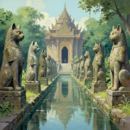 a beautiful painting of a canal leading to a forbidden temple lined with stone statues of anthropomorphic Feline Gods by Tim White | graphic novel, illustration:.4