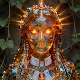 detailed portrait, cosmopolitan priestess, molten glassworks face sculpted features, glowing ember eyes, statuesque, glass skin, fiberglass hair, gamma rays, opulent, encrusted, jewel, refractions, chiaroscuro, organic impressionism, vine backdrop, natural colors, octane render