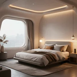 a hyperrealist photography of a futuristic cozy bedroom by greg rutkowski and frank lloyd wright, octane render, artstation, masterpiece