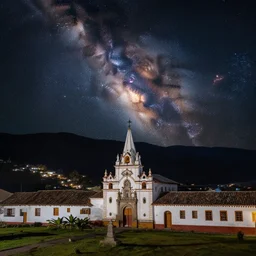 a photo of Valle de Cocora at night with a nebulae in the sky, realistic painting, classical painting, high definition, digital art, matte painting, very detailed, realistic
