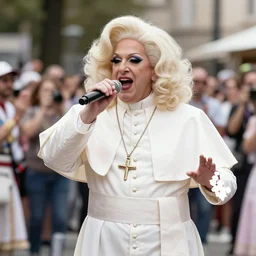 pope Francis dressed like a drag queen at the gay pride parade, singing and dancing