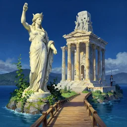 Atlantis zeus statue and hill valley grec greeble temple of olympus glory island  by night   little wood bridge painting of tower  ivy plant   in marble incrusted of legends heartstone official fanart behance hd by Jesper Ejsing, by RHADS, Makoto Shinkai and Lois van baarle, ilya kuvshinov, rossdraws global illumination