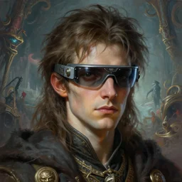 stunning face, a young jewish mage - alien - borg - wizard with messy hair, wearing ultra - high - tech ar glasses, in a detailed elaborate surrealist fantasy nightmare airbrush painting by michael whelan, candid photography, rendered in octane then in cryengine, cgsociety, wow, ultra photorealistic, artstation, highly detailed